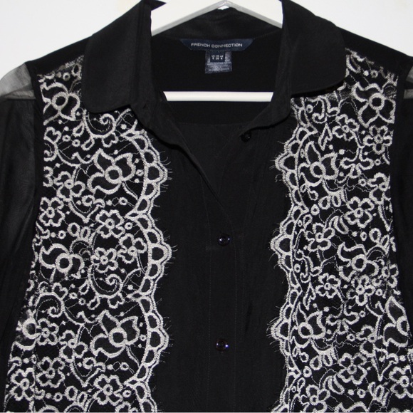 French Connection 100% Silk and Lace Button Down Shirt Size 4 - Picture 3 of 8